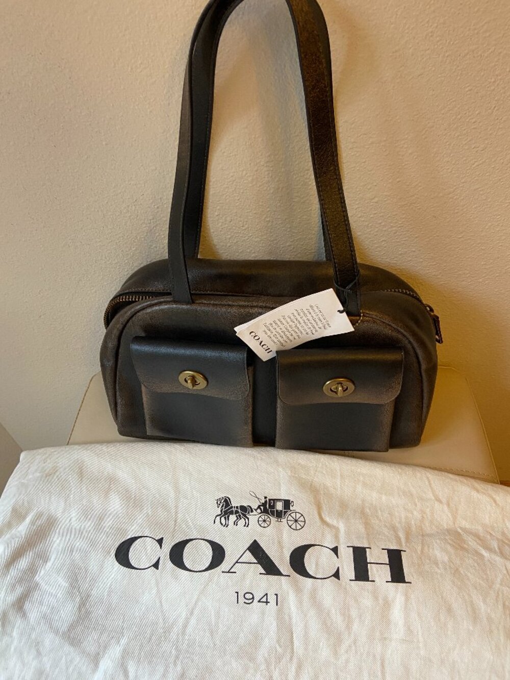 Coach Originals Twin Turnlock Shoulder Bag IN LOVED Leather Brown/BLACK Large
